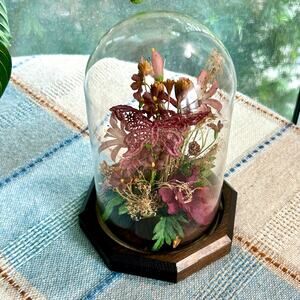 Vintage Glass Dome Floral Cloche with Butterflies and Dried & Faux Flowers